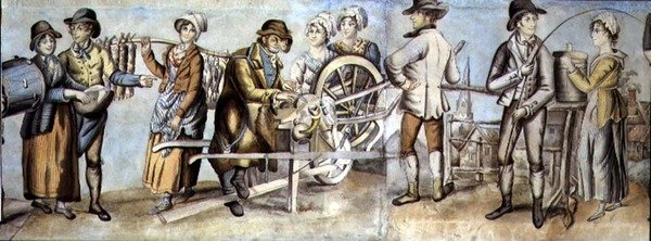 Indo para a Feira, detalhe de um moedor de facas e comerciantes e mulheres, c.1815 (wc com guache sobre papel) (ver também 107509 e 107510) de English School
