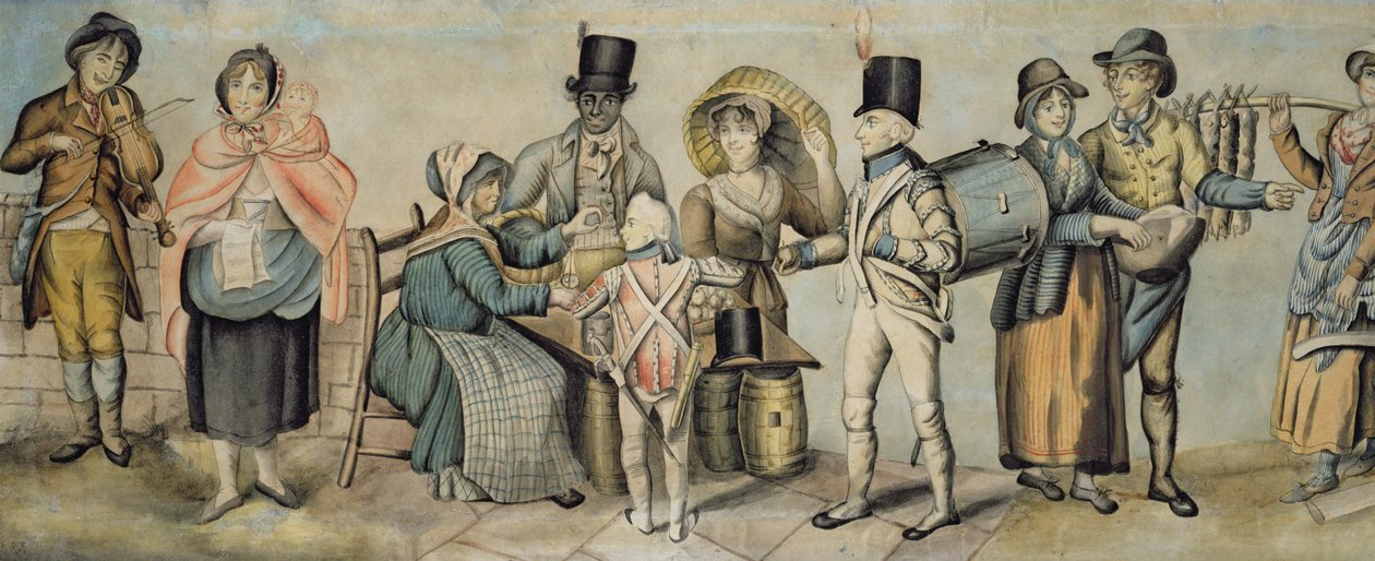 Indo para a Feira, detalhe do ato musical da família e vendedor de maçã, c.1815 (wc e guache sobre papel) (ver também 107508 e 107509) de English School