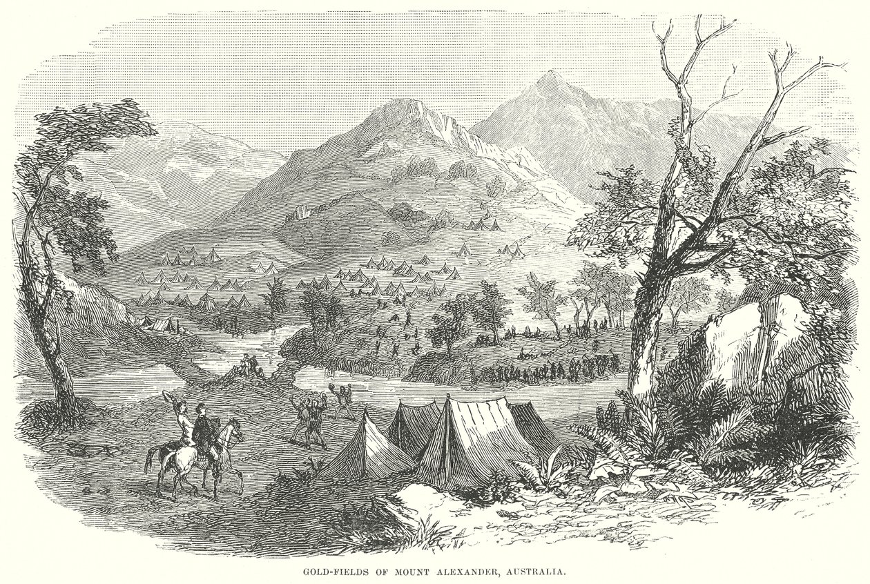 Campos de ouro do Monte Alexander, Austrália (gravura) de English School