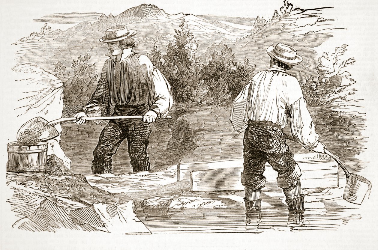 Lavagem de ouro no Diggings, de The Illustrated London News, 1849 de English School