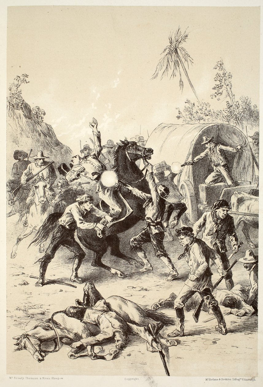 Escolta de ouro atacada por Bush Rangers, de The History of Australasia por David Blair, McGrady, Thomson e Niven, 1879 de English School