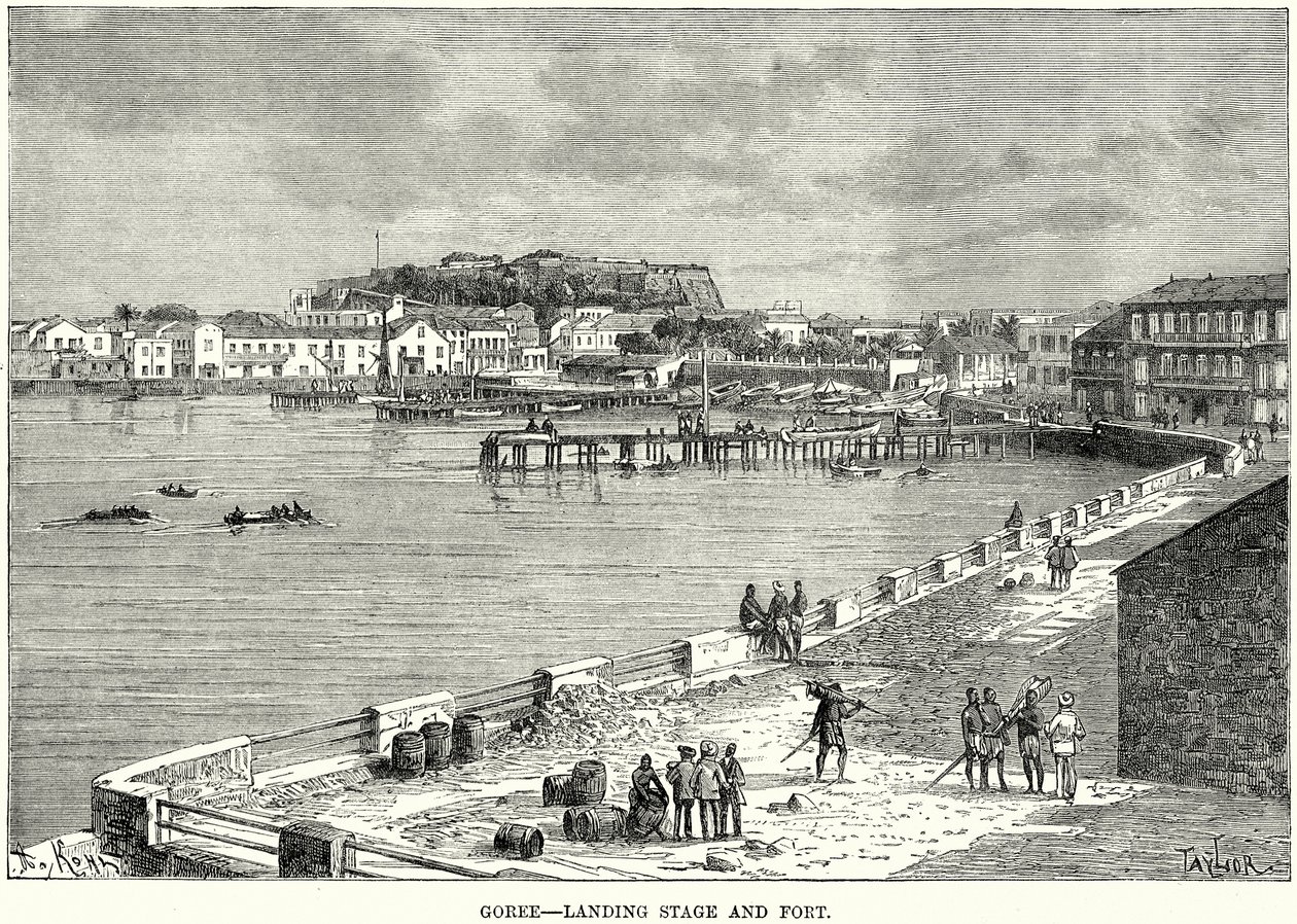 Goree - Palco de desembarque e forte (gravura) de English School