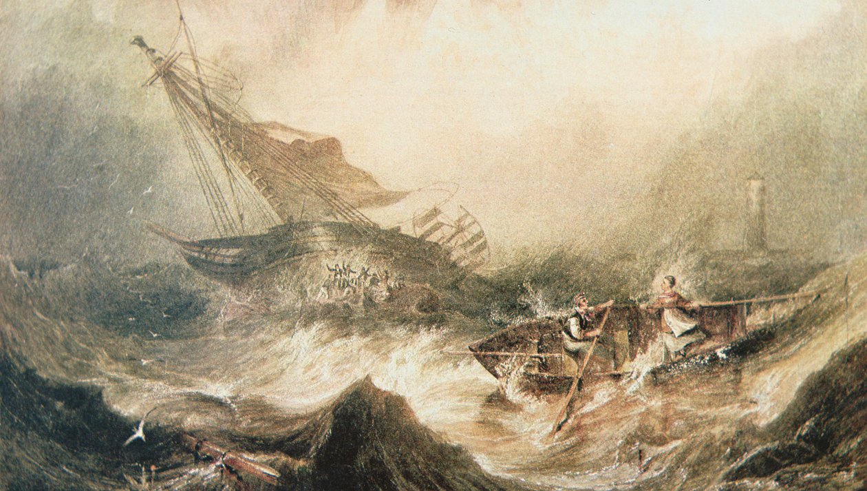 Grace Darling e seu pai remam para o resgate dos naufrágios de Forfarshire ao largo da costa de Northumberland, 7 de Setembro de 1838 (aguarela sobre papel) de English School