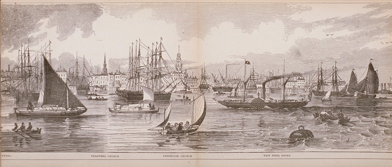 Grand Panorama de Londres, do rio Tâmisa olhando para Shadwell, East India Docks e Limehouse, 1849 (gravura em madeira) de English School