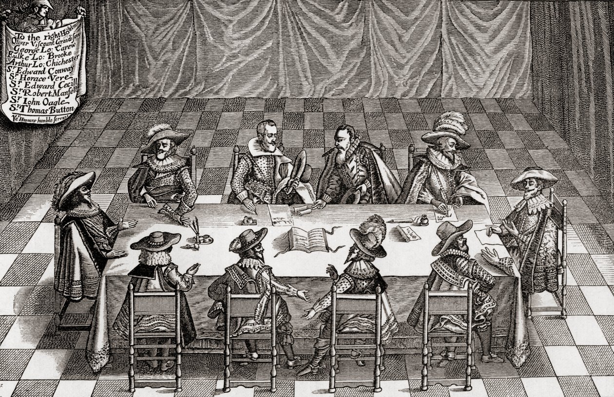O Conselho de Guerra da Grã-Bretanha durante o reinado de James I, de "Uma Breve História do Povo Inglês", de JR Green, publicado em 1893 de English School