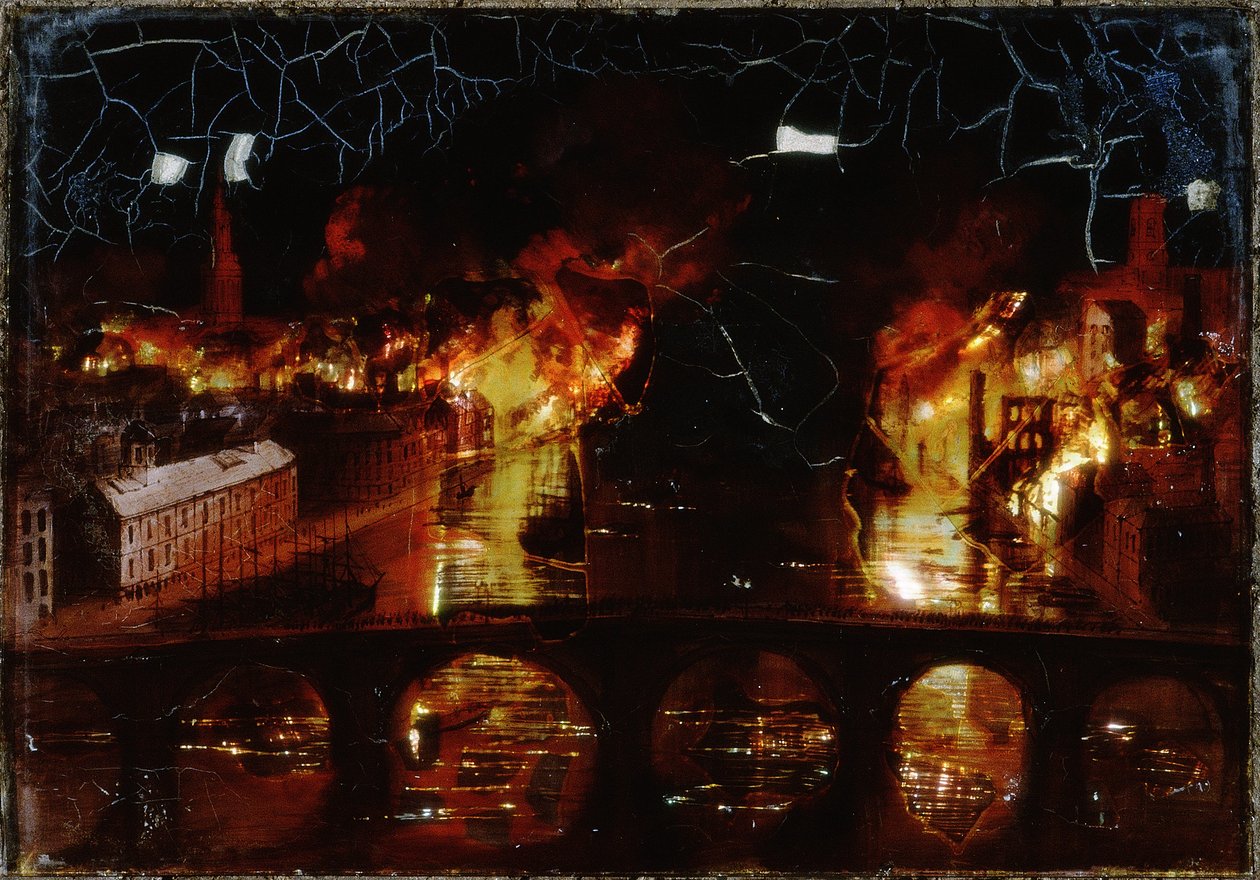 Grande incêndio de Newcastle upon Tyne (madrepérola e óleo sobre vidro) de English School