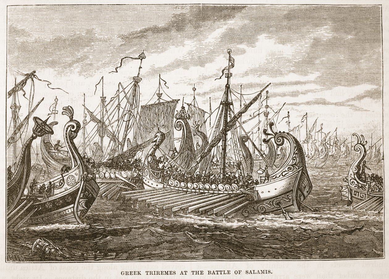 Trirremes gregos na batalha de Salamis de English School