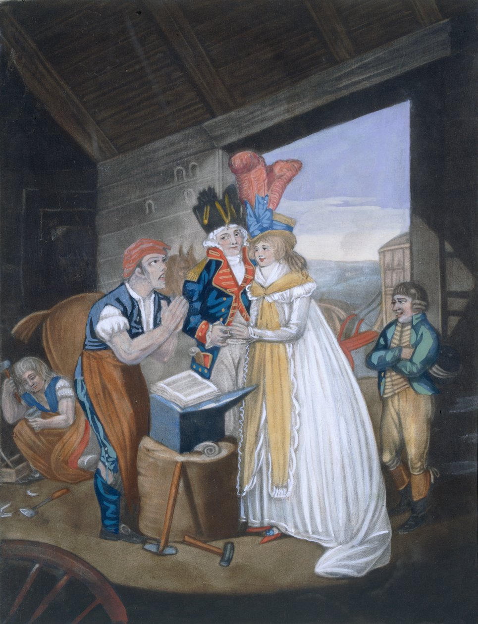 Gretna Green, ou o casamento em brasa, pub. Por Aurrie & Whittle, 1794 88: Oh! Sr. Ferreiro, alivie nossas dores - e nos ajude rapidamente em correntes de Wedlocks 99: fêmea; traje tradicional; tra de English School