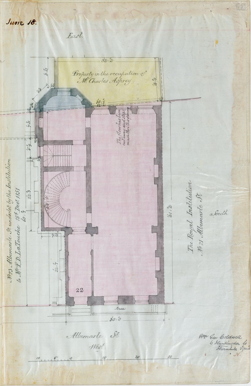 Plano de chão da locação Royal Institution, 1863 (caneta e tinta e wc no papel) de English School