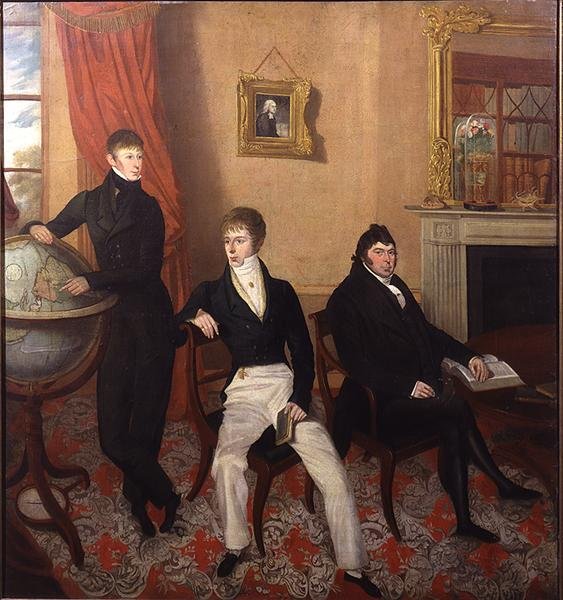 Retrato de Grupo de Três Homens numa Sala de Estar Elaborada Interior, c.1825 (óleo sobre tela) de English School