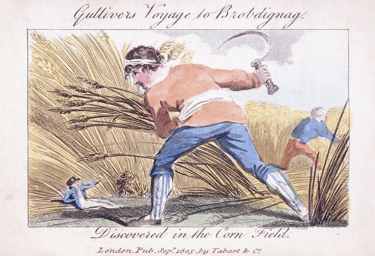 Viagem de Gulliver a Brobdignag, descoberta no campo de milho, 1805 de English School