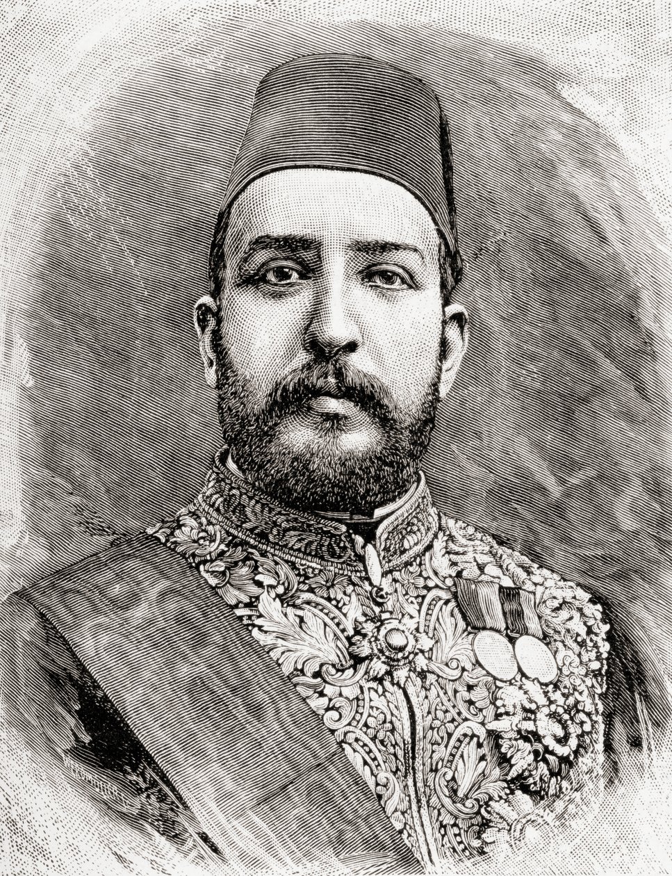 HH Muhammad Tewfik Pasha, Tawfik do Egito, 1890 (gravura em madeira) de English School