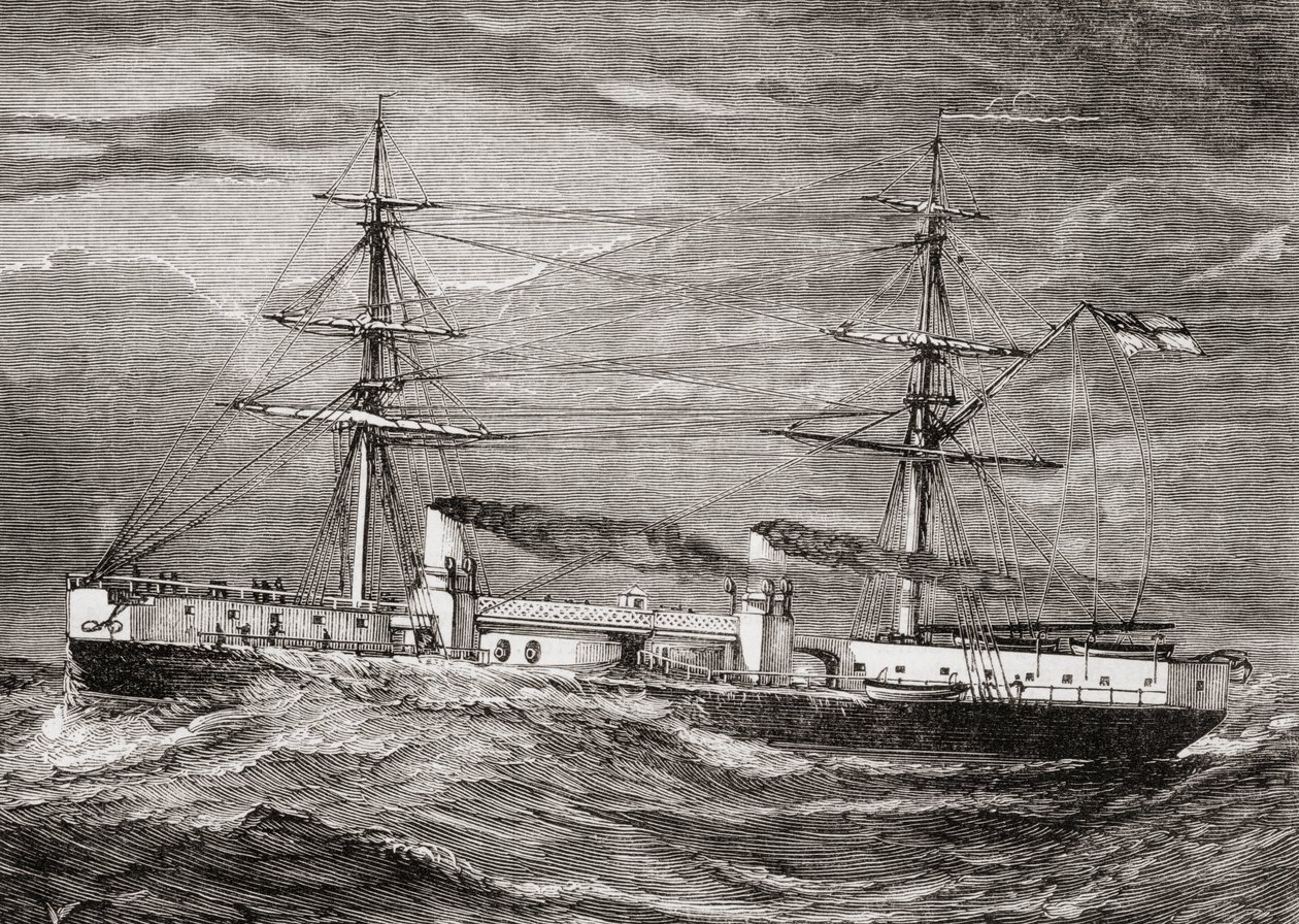 HMS Inflexible, Invincible Class Cruzador de Batalha da Marinha Real Britânica, ilustração de &39;Our Own Magazine&39;, publicada pela Missão de Serviço Especial para Crianças, 1885 de English School