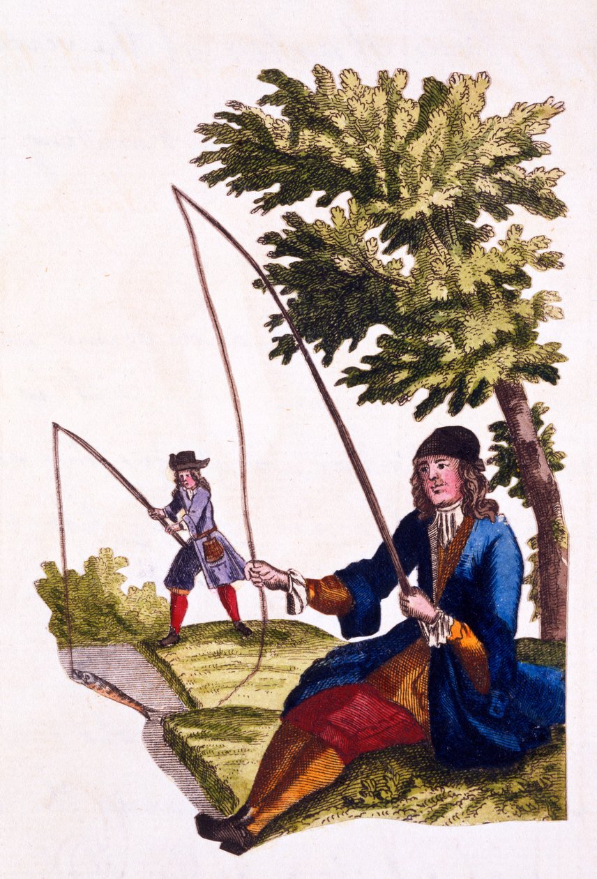 Hábitos de um cavalheiro - Pesca, 1690 (gravura colorida à mão) de English School