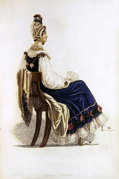 Meio vestido, placa de moda do Repositório de Artes da Ackermann (gravação colorida) de English School