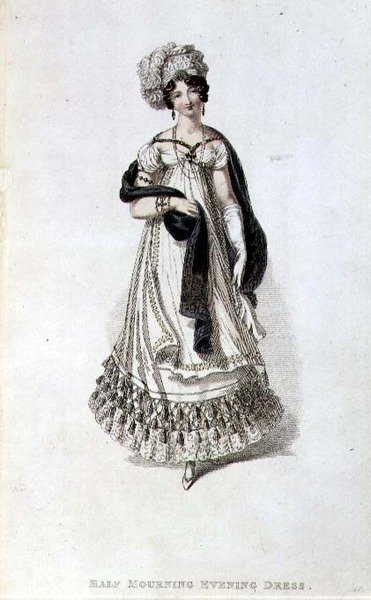 Vestido de noite meio luto, placa de moda do Repositório de Artes de Ackermann (gravura colorida) de English School