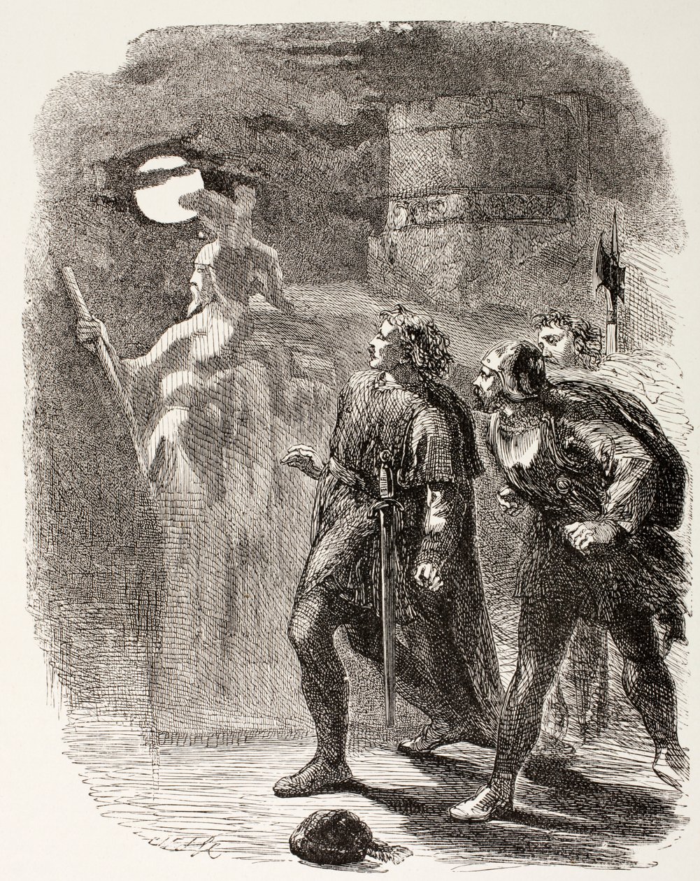 Hamlet, Horatio e Marcellus ver o fantasma, de &39;The Illustrated Library Shakespeare&39;, publicado em Londres, 1890 de English School