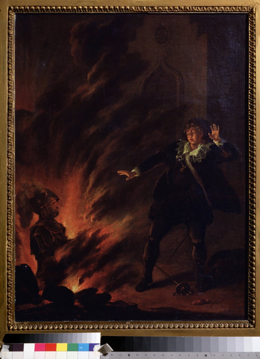 ""Hamlet enfrentando o fantasma de seu pai"" (Hamlet e o fantasma de seu pai) Ilustração para a peça Hamlet de William Shakespeare (1564-1621) Pintura da escola inglesa do início do século XIX Dim. 65x51 cm Pouchkine Museum , Moscou de English School