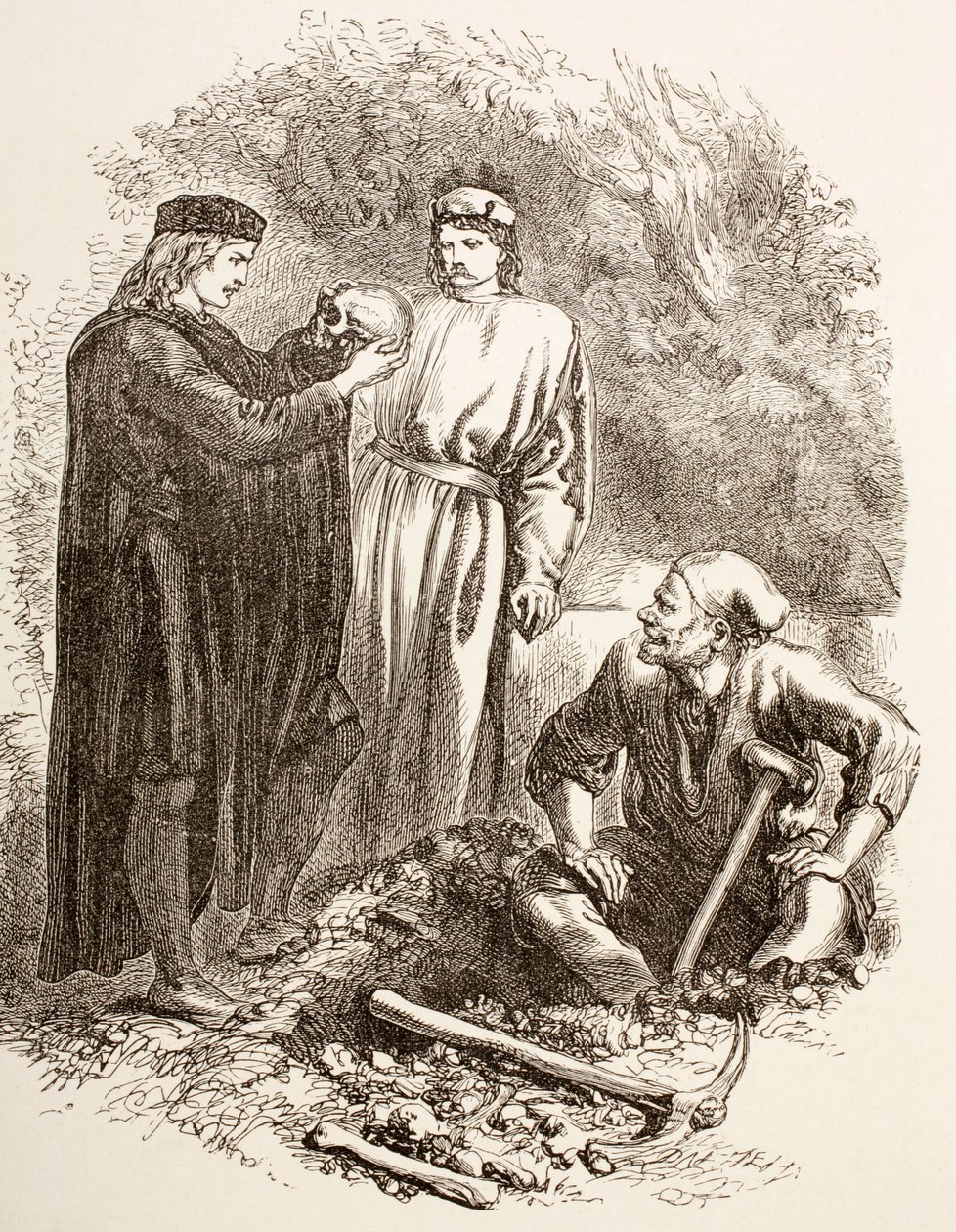 Hamlet segura o crânio de Yorick, ilustração do Ato V, Cena I em Hamlet, de &39;The Illustrated Library Shakespeare&39;, publicado em Londres, 1890 de English School