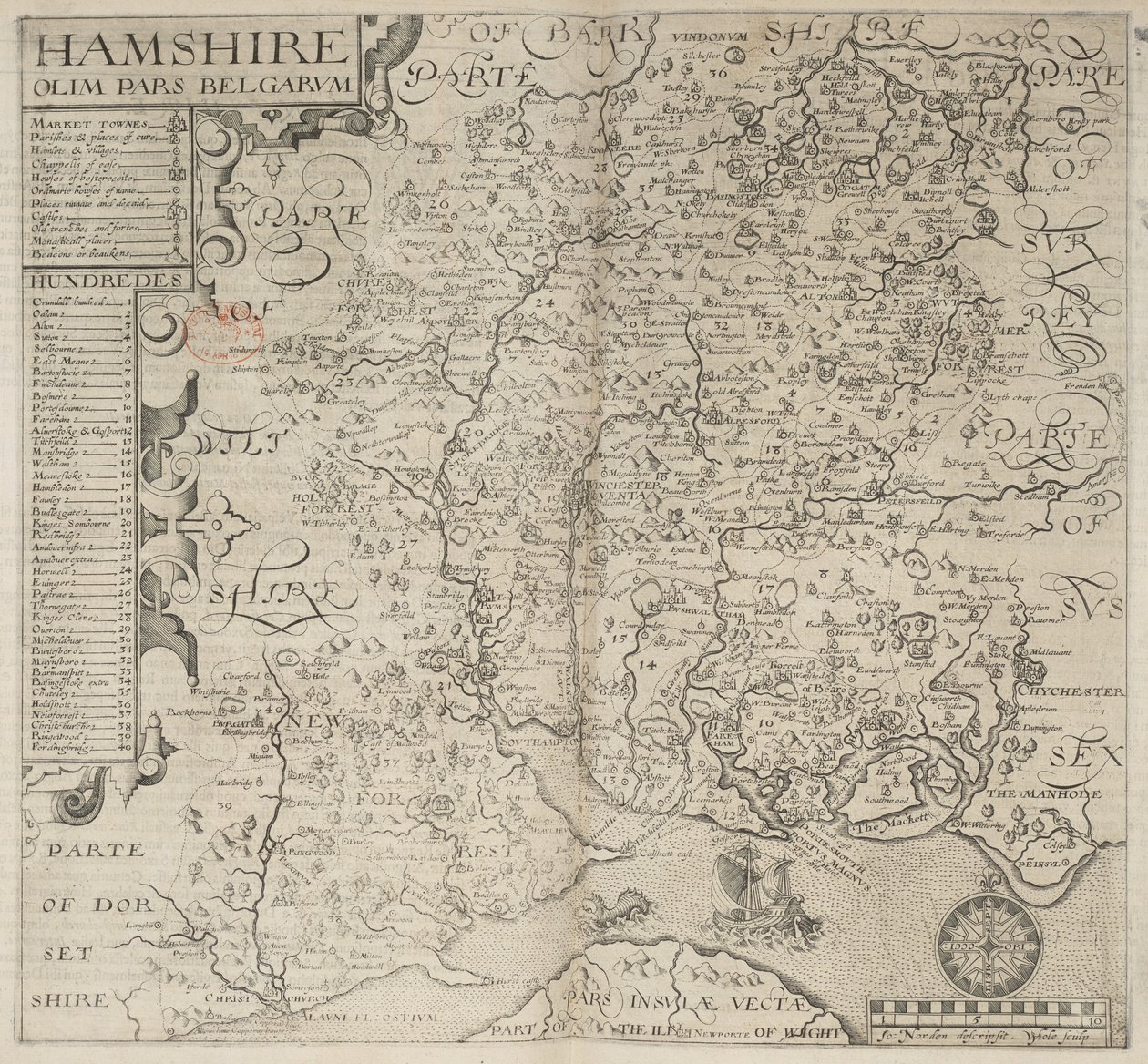 Hampshire, anteriormente parte dos belgas. J. Norden descreveu W. Hole sculp., de "Britannia" de Camden. 6ª edição. fol. 187 (gravura) de English School