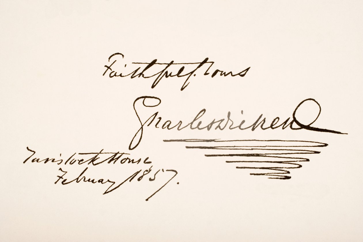 Escrita e assinatura de Charles Dickens, 1857 de English School