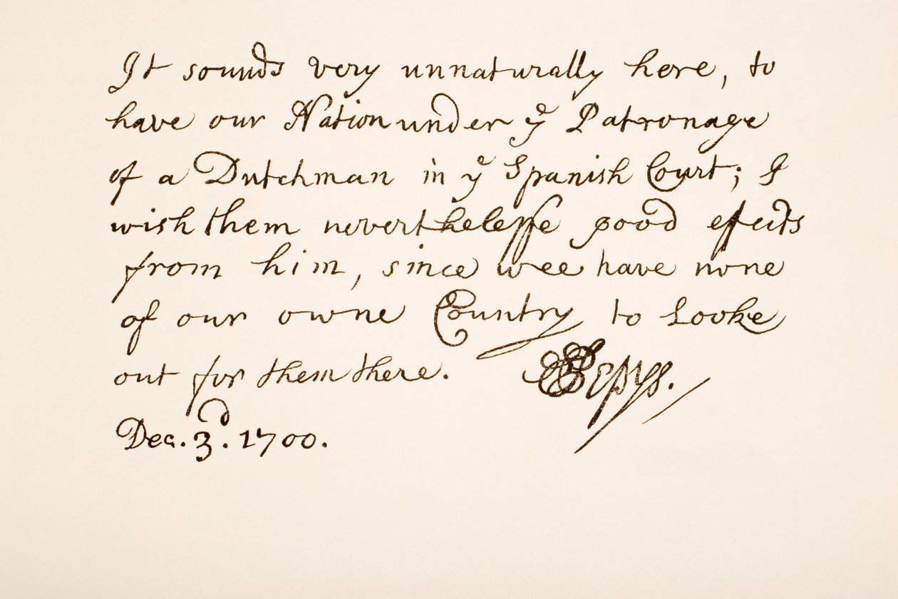 Escrita e assinatura de Samuel Pepys, 1700 de English School