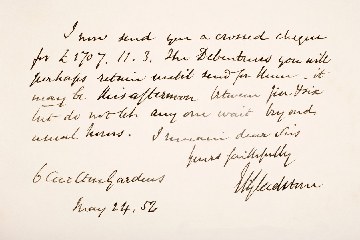 Escrita e assinatura de William Eward Gladstone, 1852 de English School