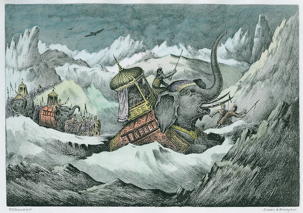 Aníbal (247-c. 1983 aC) e seus elefantes de guerra cruzando os Alpes (posteriormente coloração) de English School