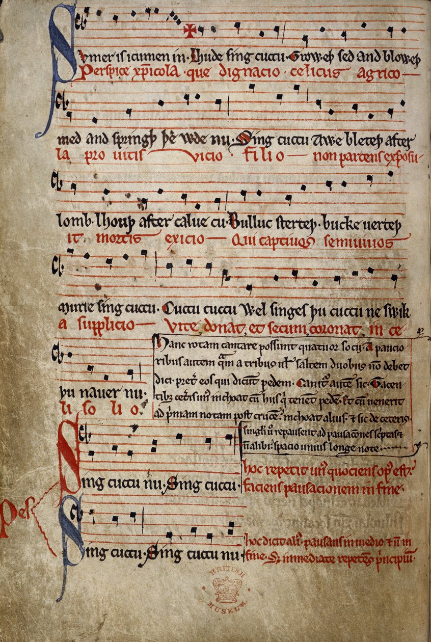 Harl 978 fol.11v Sumer é icúmen in, do Canon de Verão (Reading Rota) (vellum) de English School