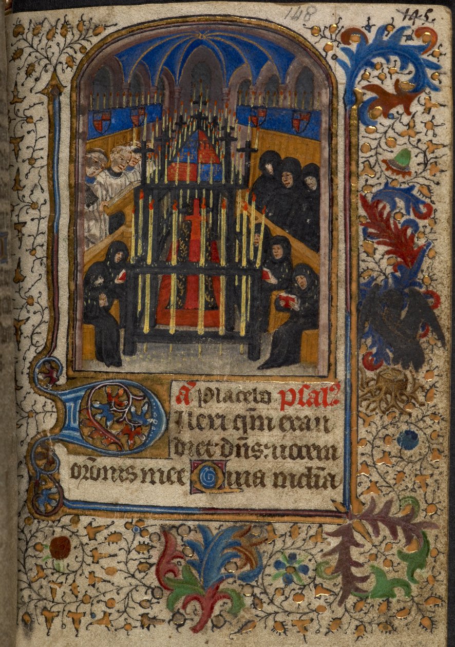 Harley 1251, fol.148 Um serviço fúnebre com o caixão coberto pelos braços de John, Duque de Bedford, das "Horas de Eleanor Worcester", c.1430-40 (vellum) de English School