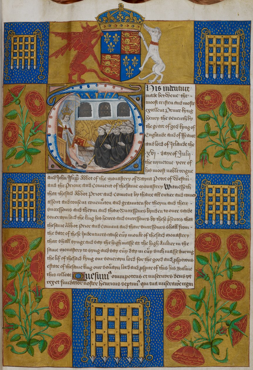 Harley 1498, f.1 Henrique VII apresentando a escritura a John Islip, abade da Abadia de Westminster, Escrituras da Abadia de Westminster (velino) de English School
