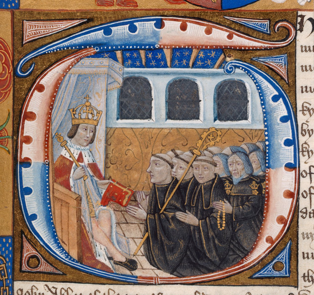 Harley 1498, f.59 Historiated Initial representando o Rei Henrique VII recebendo o livro, ilustração de 
