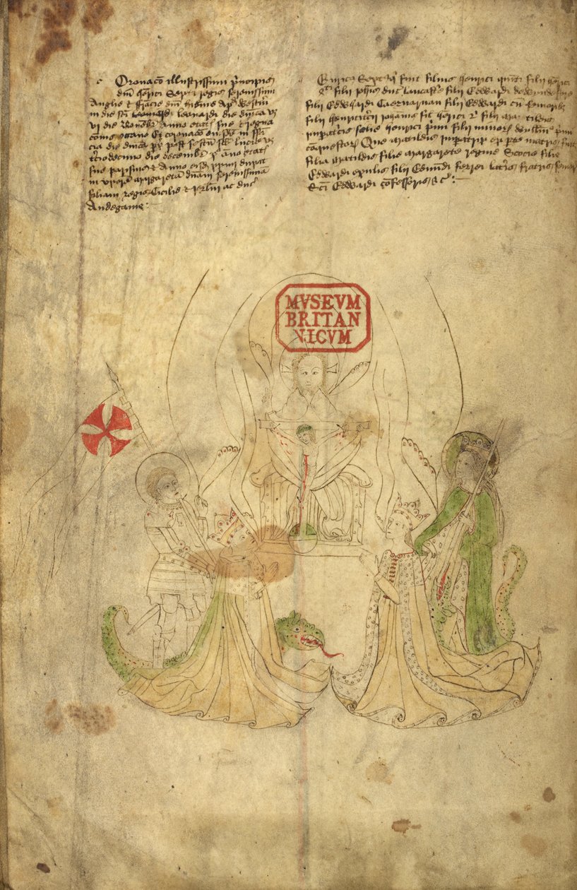 Harley 318, f.8v Henrique VI, Rei de Inglaterra, e sua esposa, Margaret de Anjou, ilustração de "História e Genealogia dos Reis...Inglaterra" (vellum) de English School
