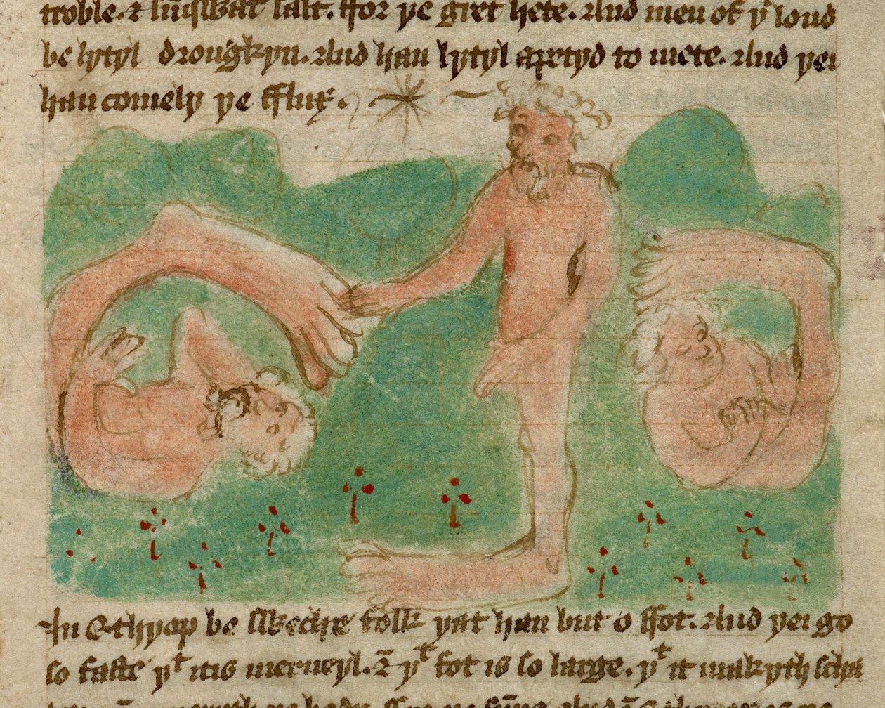 Harley 3954, f.31, Um desenho colorido representando um povo mítico da Etiópia nascido com apenas um pé (um ciópode), para protegê-los do sol, de 