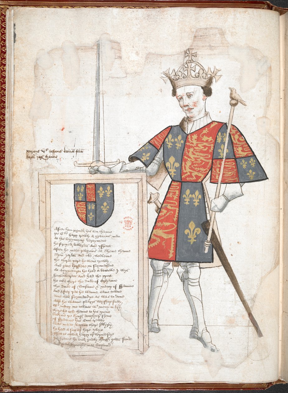 Harley 4205 f.7v Um rei inglês em armadura e tabardo (Henry V) do 
