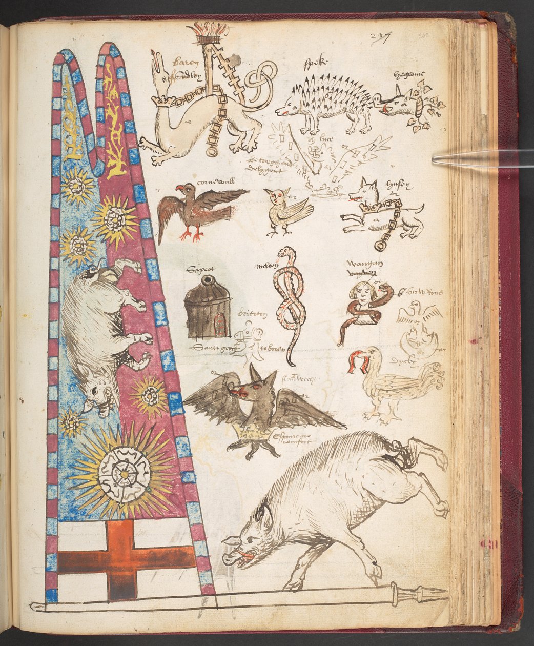 Harley 4632, f.242, estandarte de Ricardo III em Bosworth, além de sol yorkista (velino) de English School