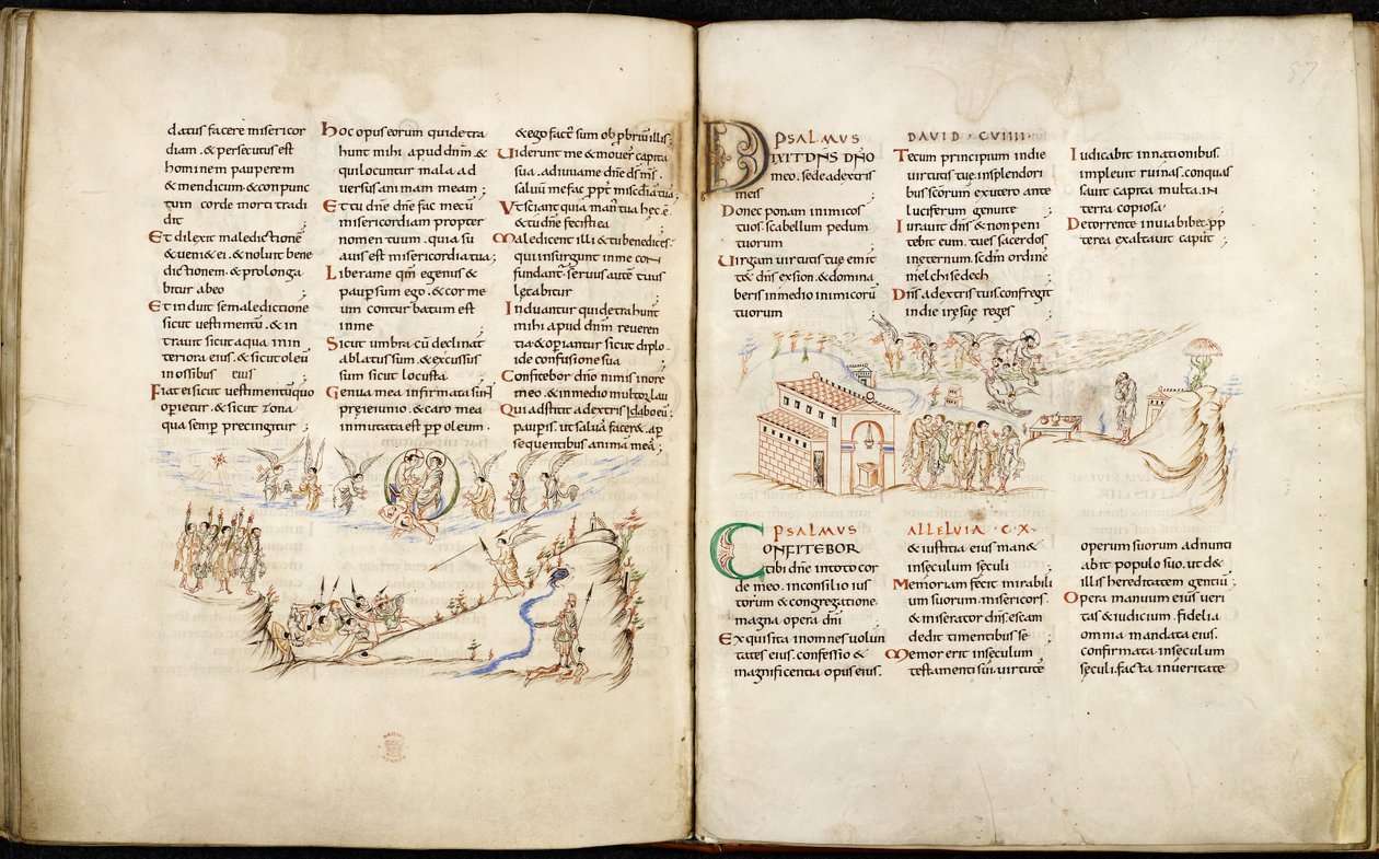 Harley 603 ff.56v-57, página dupla da Harley Psalter com desenhos a caneta. de English School