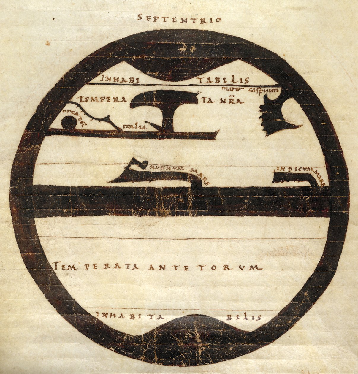 Harley MS 2772 f. 70v, mapa-múndi zonal diagramático, c.1050 (tinta e têmpera em pergaminho) de English School