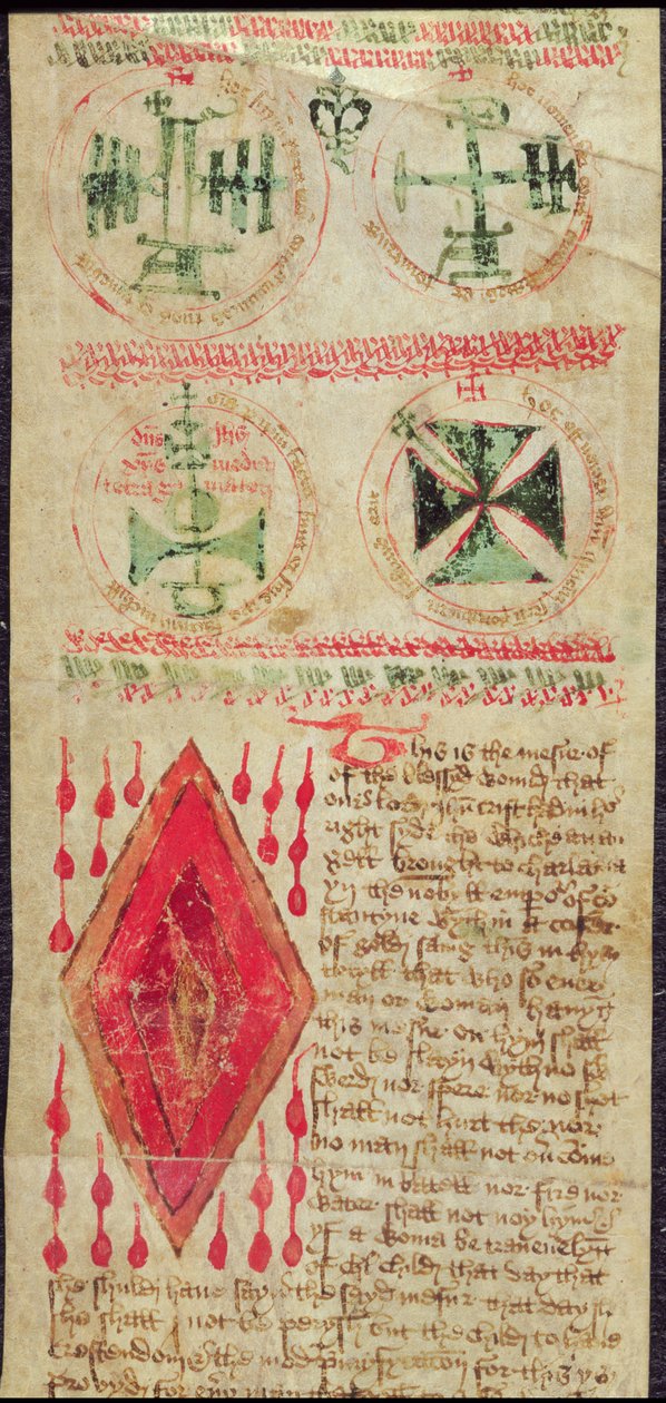 Harley Ms T.11 Figuras mágicas e a Chaga de Cristo de um rolo de oração (vellum) de English School