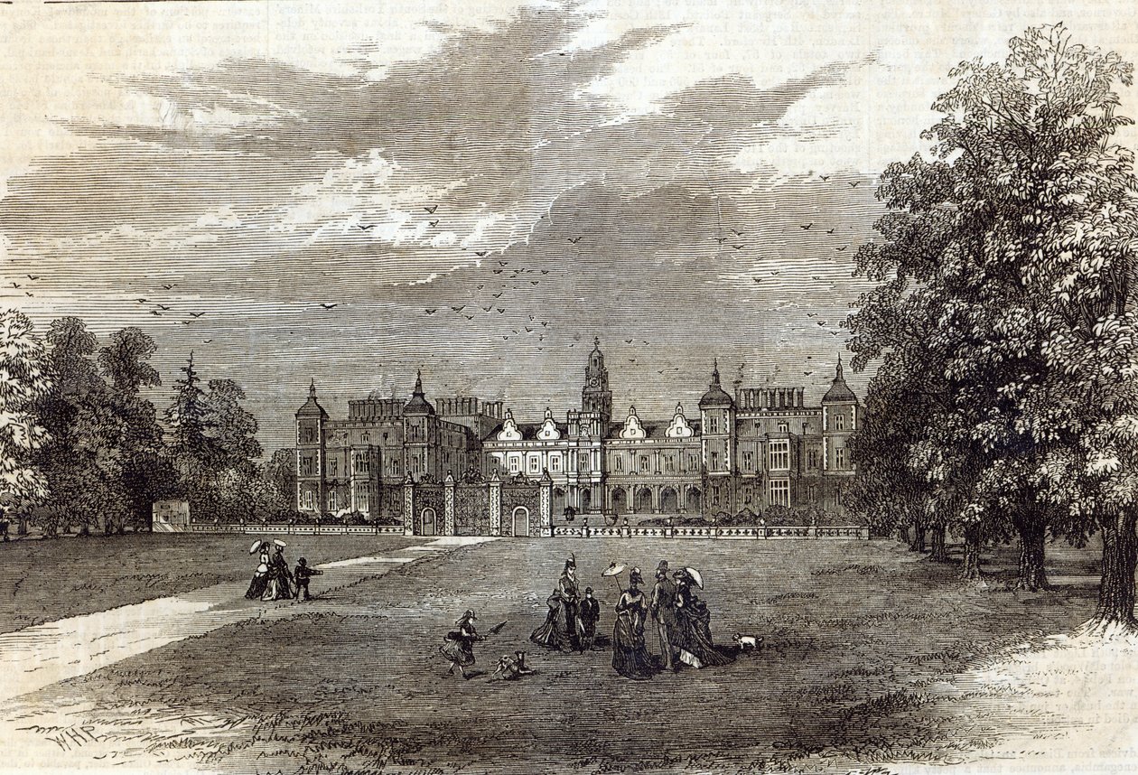 Casa Hatfield, a sede do Marquês de Salisbury, de "The Illustrated London News", 11 de julho de 1874 (gravura) de English School