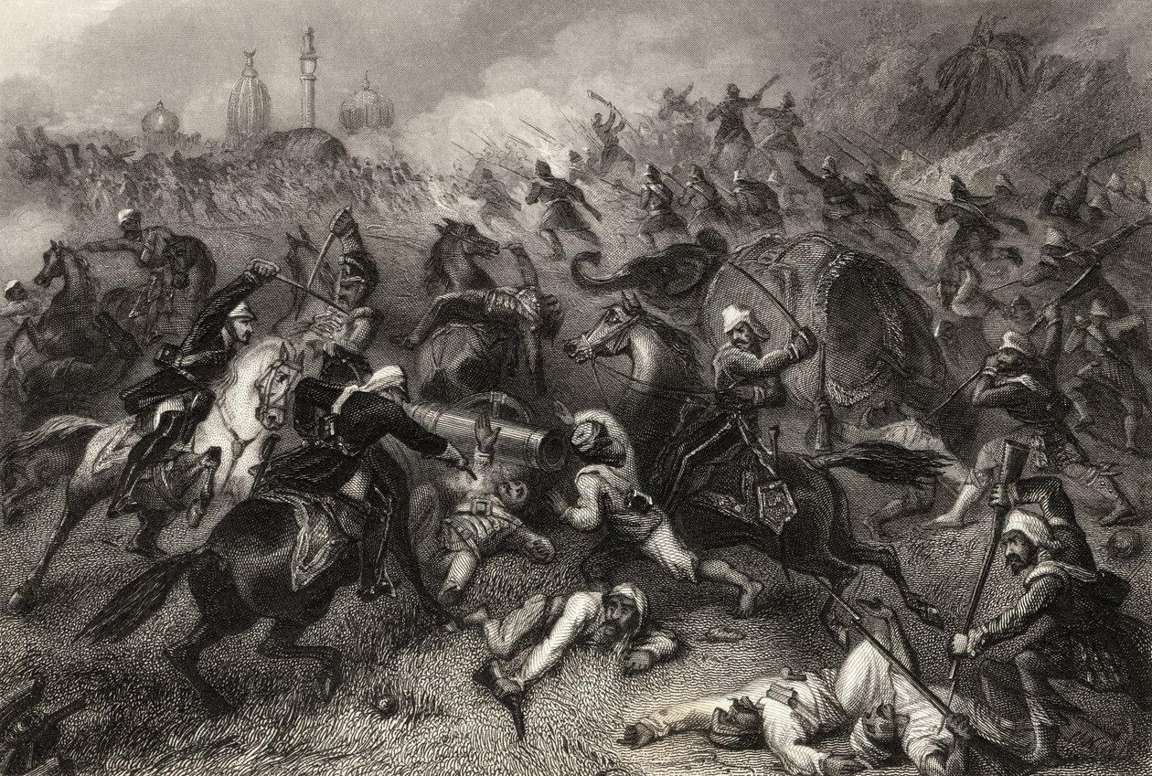 Coluna de Havelock atacando os Mutineers antes de Cawnpore em 1857, de "A História do Motim Indiano", publicado em 1858 de English School