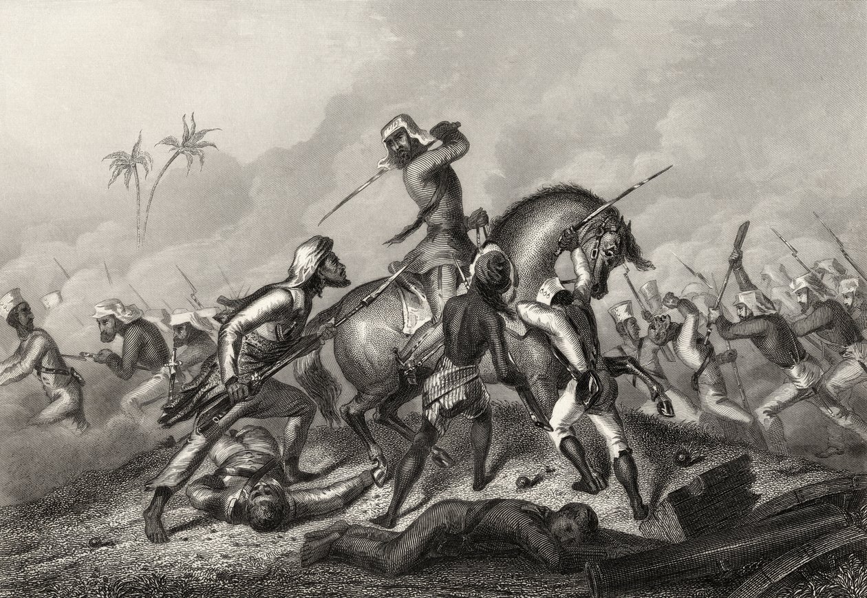 Coluna de Havelock atacando os amotinados antes de Cawnpore, de "A História do Motim Indiano", publicada em 1858 de English School