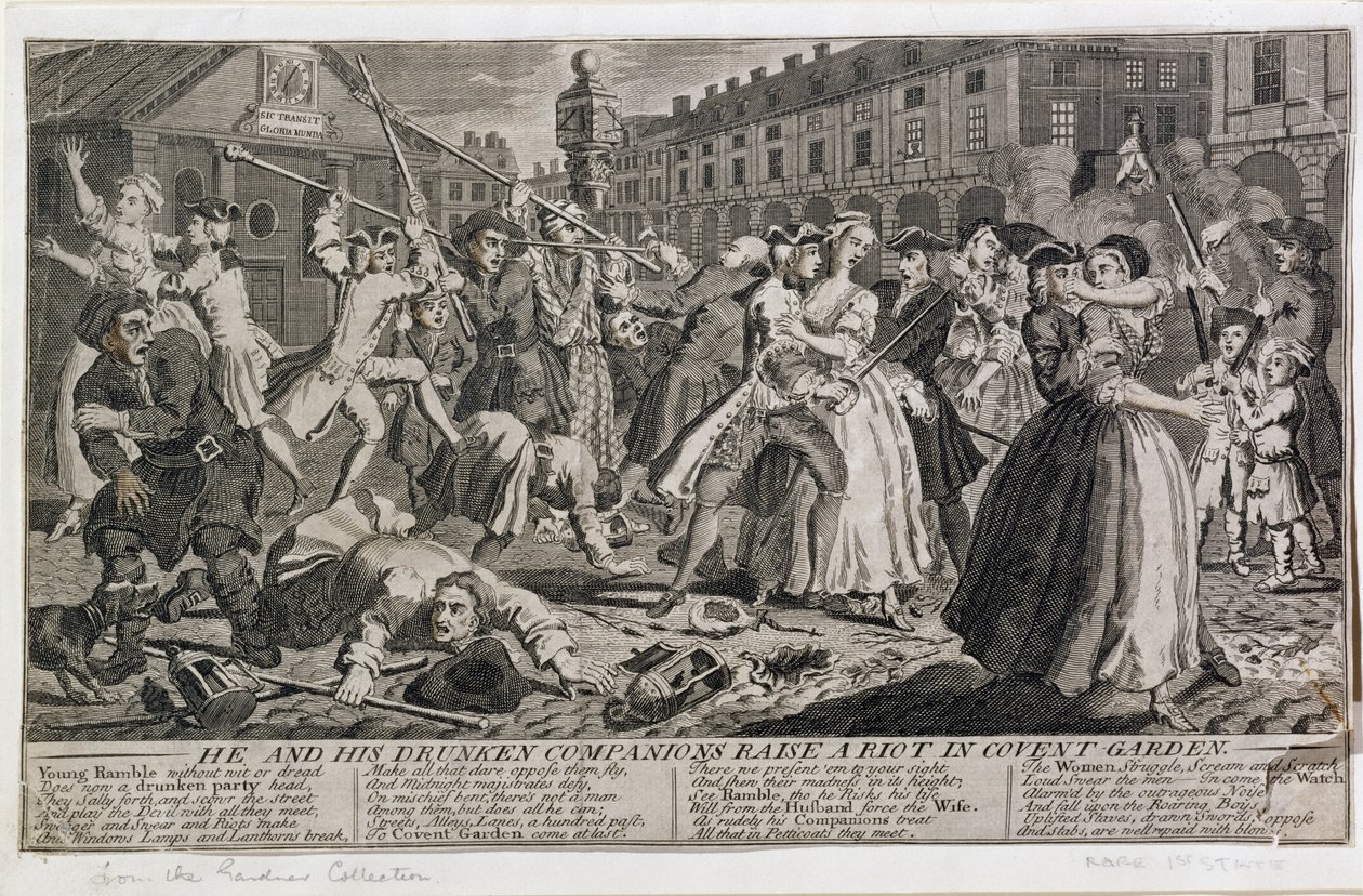 Ele e seus companheiros bêbados criam um tumulto em Covent Garden, 1735 de English School