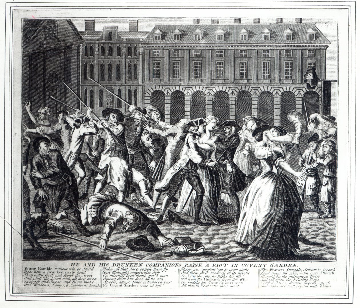 Ele e seus companheiros bêbados criam um motim em Covent Garden, de uma série pirateada baseada no "A Rake&39;s Progress" de Hogarth, 1735 de English School