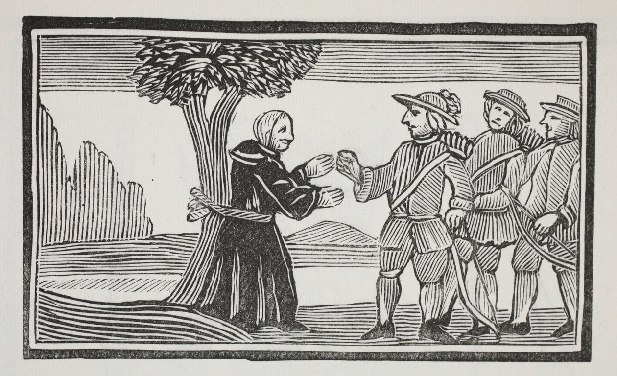 Ele ligou o Abade a uma árvore, ilustração de Chap-books do século XVIII de John Ashton, pub. 1882 de English School