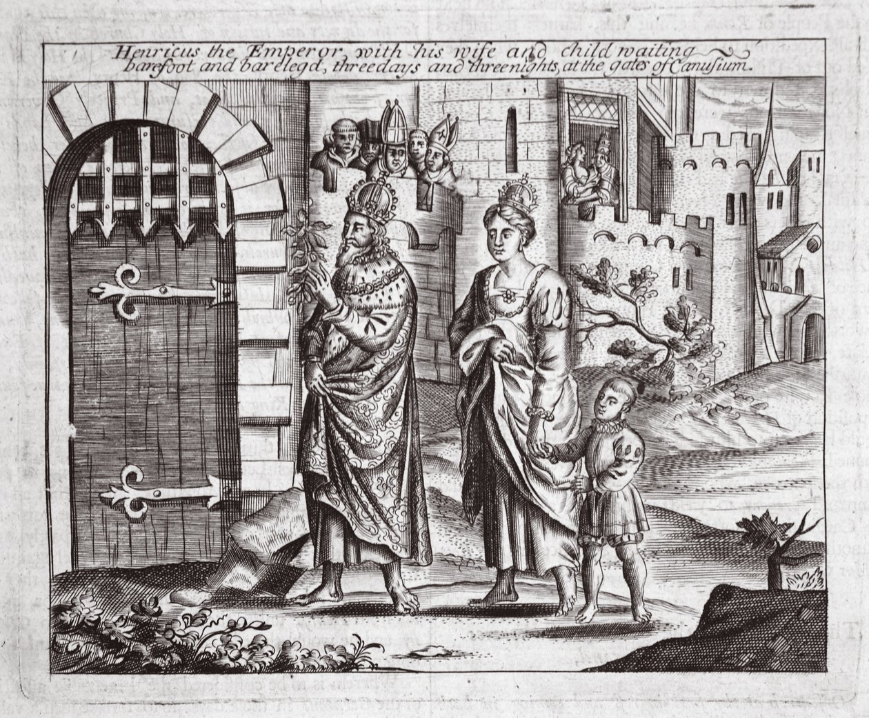 Henricus, o Imperador, com sua esposa e filho esperando, descalça e barrenta, três dias e três noites nos portões de Canusuam, ilustração de Atos e Monumentos de John Foxe, nona edição, de English School