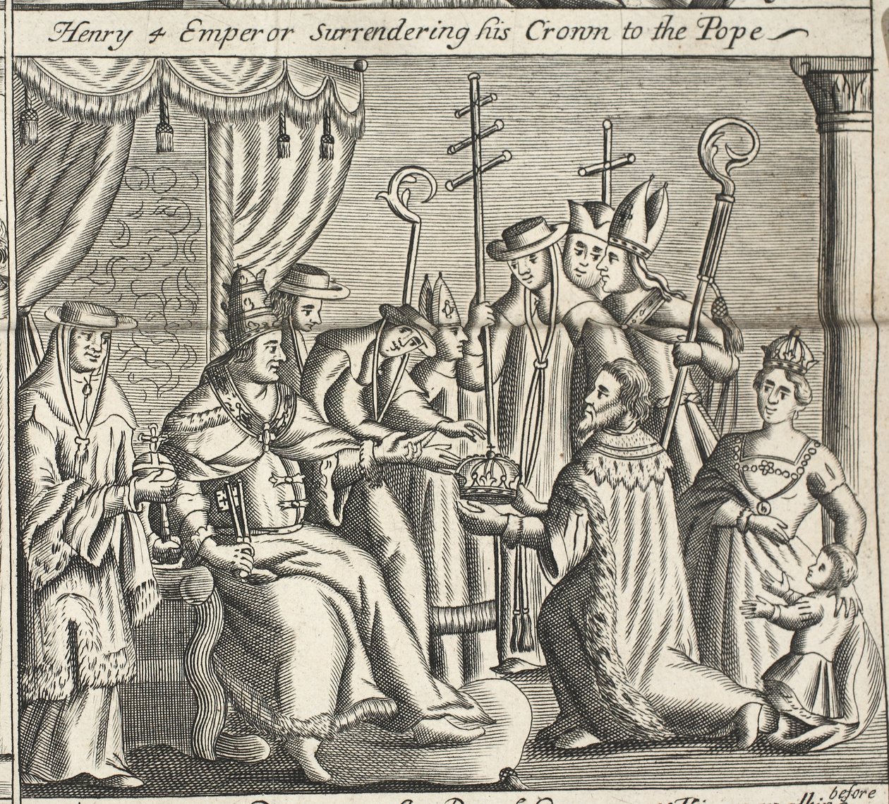 Henrique 4 Imperador entregando sua coroa ao Papa, ilustração de Atos e Monumentos de John Foxe, nona edição, pub. 1684 de English School