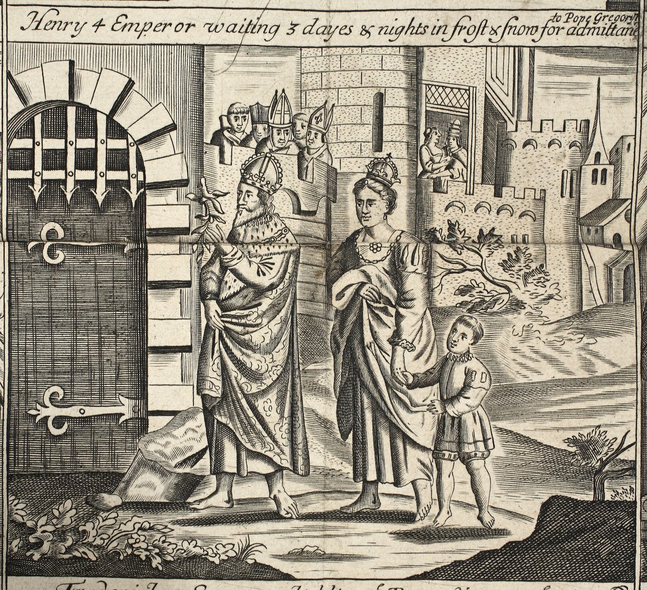Henrique 4 Imperador espera 3 dias e noites em geada e neve para admissão ao Papa Gregório, ilustração de Atos e Monumentos por John Foxe, nona edição, pub. 1684 de English School