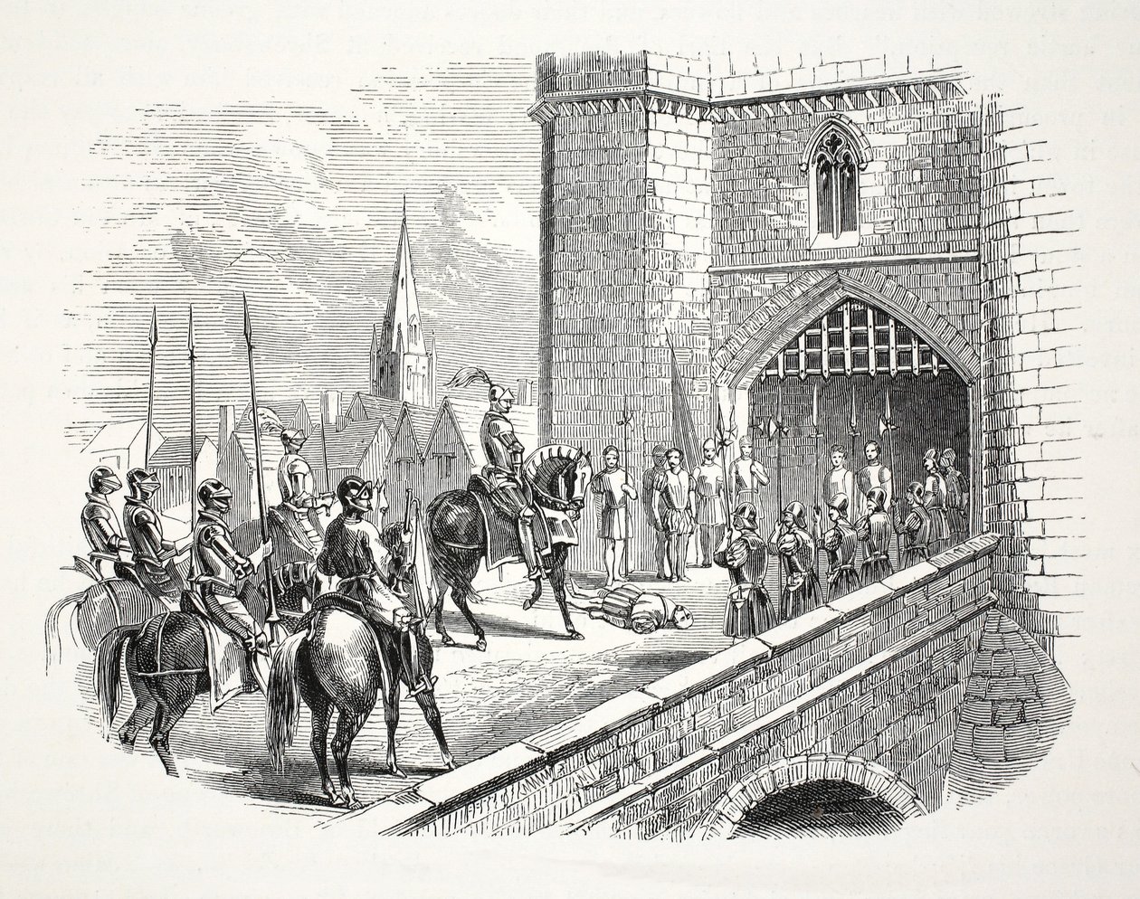 Henry Earl de Richmonds (depois Henry VII) entrada em Shrewsbury sobre o corpo dos Prefeitos, pub. Século XIX (gravura em aço) de English School