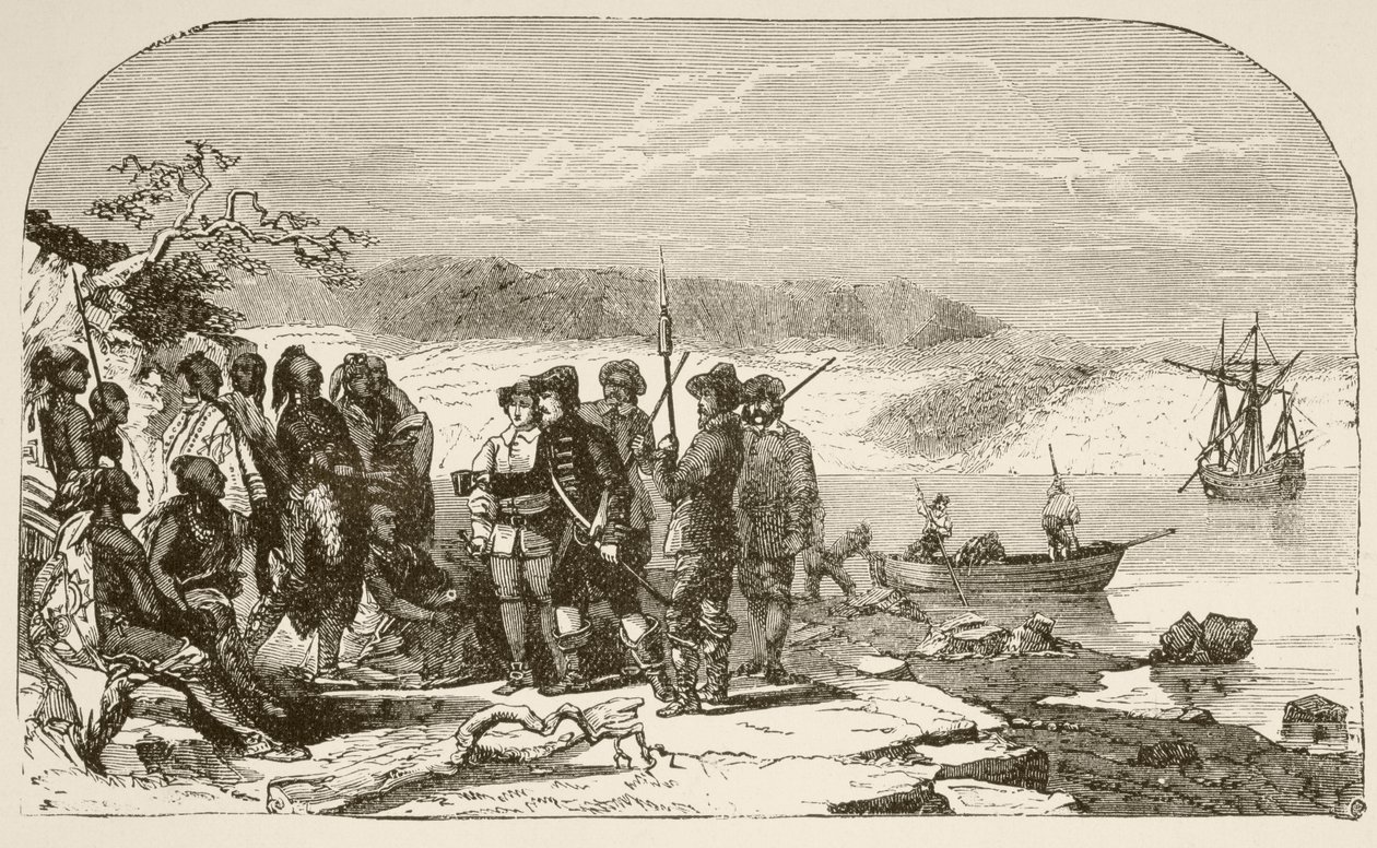 Henry Hudson oferece bebidas alcoólicas aos índios em 1609 (litografia) de English School